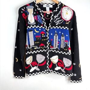 VTG 90s Segue New Years Eve Ugly Sweater M Black Embroidered Champagne Granny